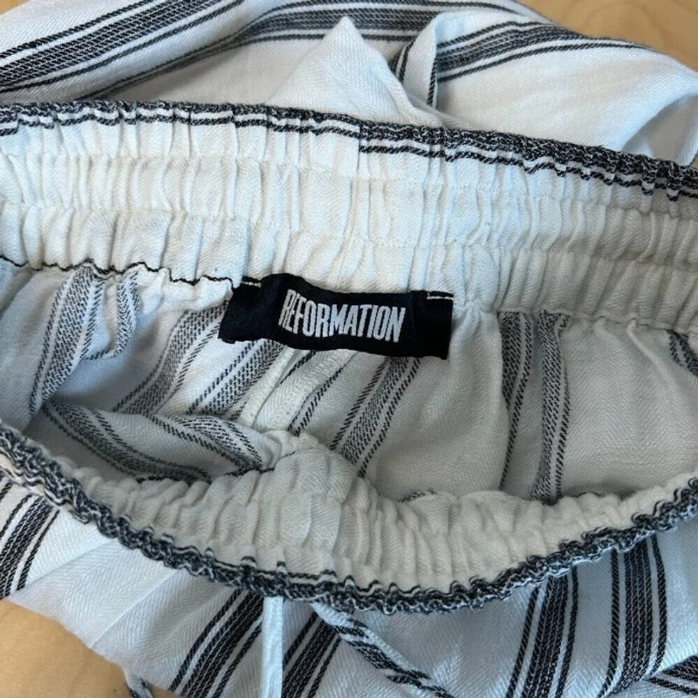 Reformation Crop Wide Leg Linen Pant XS Black White Striped Drawstring High Rise